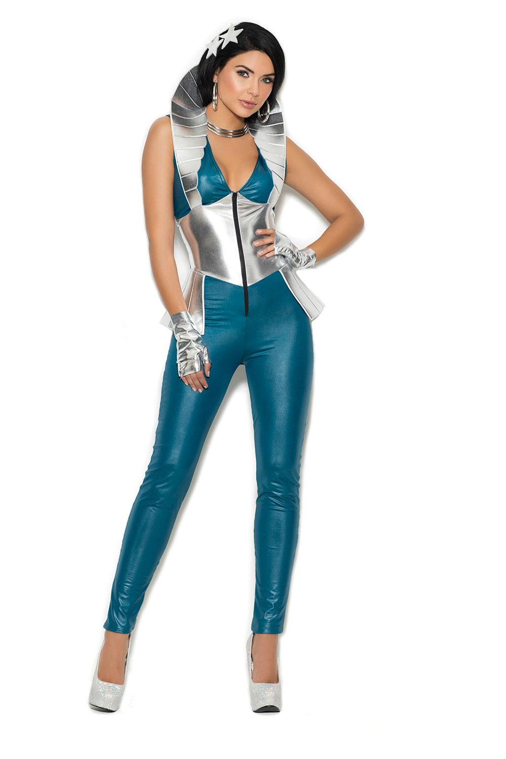 Sexy Galaxy Girl Blue & Silver Catsuit Costume 3pc Elegant Moments 99081