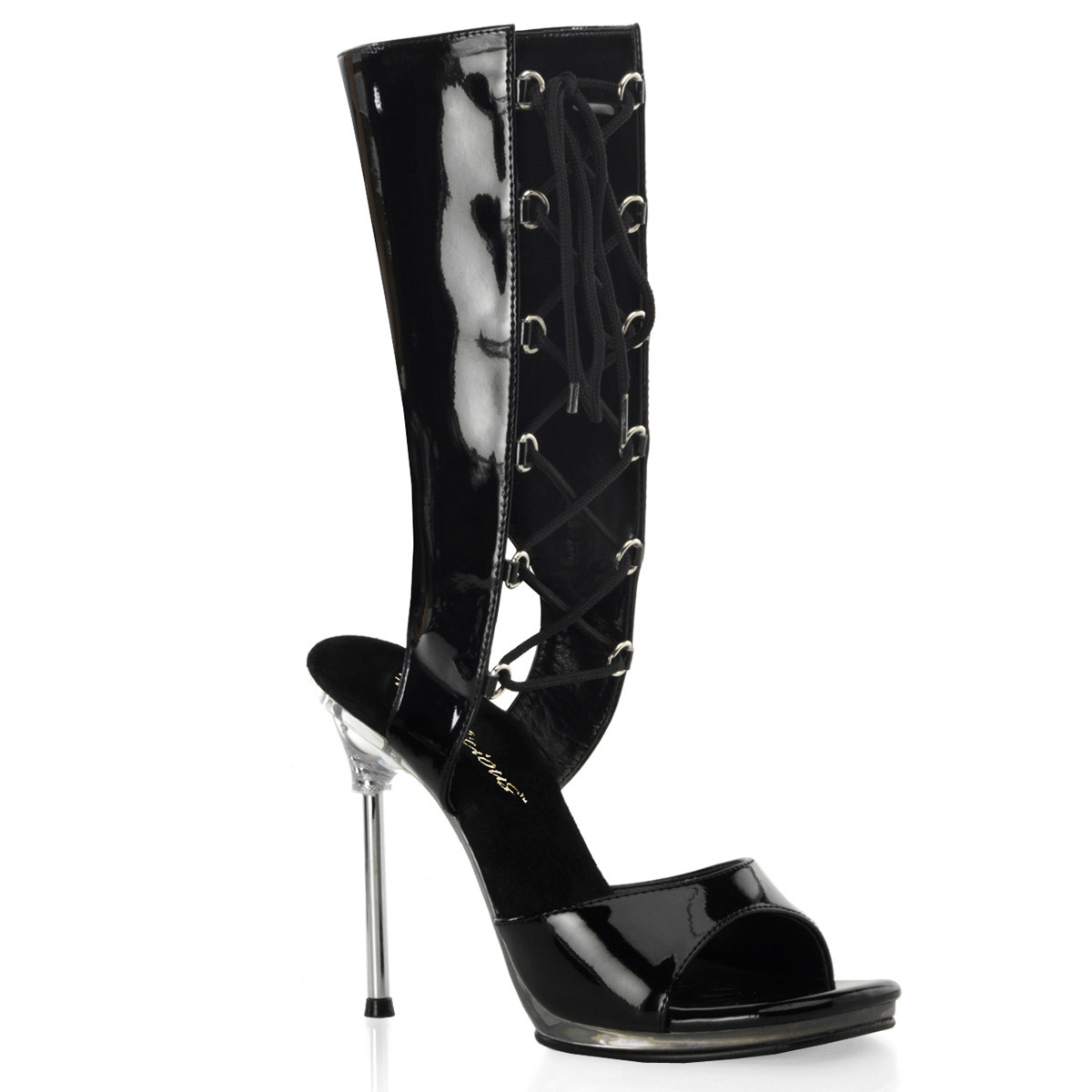 Pleaser 6 Inch Stiletto Heel 1 3/4 Inch Platform Mid-Calf Front Lace-Up Sandal 