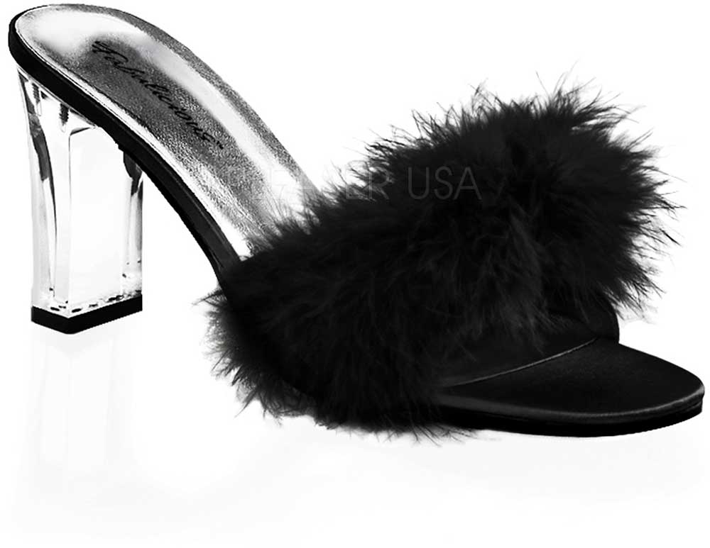 fur heeled mules