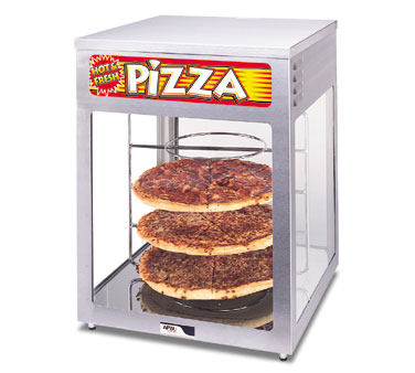 Apw Wyott HDC-4 Hot Food Display Case, Countertop Design, With Revolving (4) Shelf Pizza Rack, Holds Up To 18" Diameter Deep Pans, Glass Front, Sides And Back, Hinged Glass Door, Stainless Steel Construction