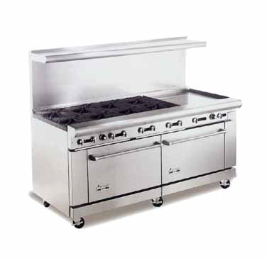 American Range AR48G-4B Heavy Duty Restaurant Range, Gas, 72", (1) 48" Griddle With 3/4" Thick Grill Plate, Manual Controls, (4) 32,000 Btu Open Burners, (2) Standard Ovens With One Rack Each, Stainless Steel Front, Sides, High Shelf And Riser, 6" Chrome Plated Legs, Etl, 2