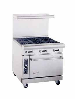 American Range AR4B-12RG Heavy Duty Restaurant Range, Gas, 36", (4) 32,000 Btu Open Burners, (1) 12" Raised Griddle/broiler With Manual Controls, Standard Oven With One Rack, Stainless Steel Front, Sides, High Shelf And Riser, 6" Chrome Plated Legs, Etl, 203,000 Btu