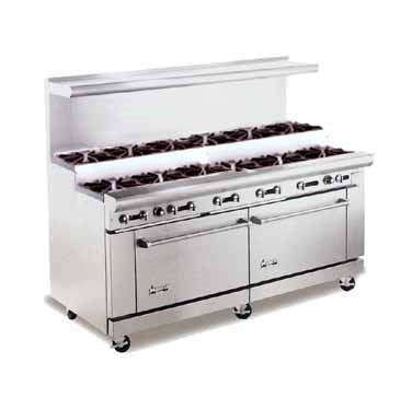 American Range AR12-SU Heavy Duty Restaurant Range, Gas, 72", (12) 32,000 Btu Step-up Open Burners, Two Standard Oven With One Rack Each, Stainless Steel Front, Sides, High Shelf And Riser, 6" Chrome Plated Legs, Etl, 454,000 Btu