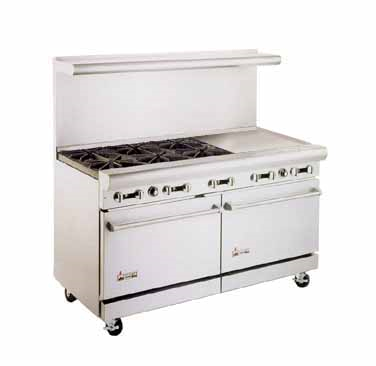 American Range AR6B-24RG Heavy Duty Restaurant Range, Gas, 60", (6) 32,000 Btu Open Burners, (1) 24" Raised Griddle/broiler With Manual Controls, (2) Standard Ovens With One Rack Each, Stainless Steel Front, Sides, High Shelf And Riser, 6" Chrome Plated Legs, Etl, 302,000 Bt