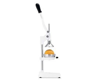 Focus Foodservice 97302 Olympus™ Juicer, Manual, Lever Action, 31" Overall Height, Enamel Finish, Cast Iron, Rubberized Handles & Suction-cup Feet, 3-pinion Design, 18/10 Stainless Steel Perforated Strainer Cone, White, Nsf