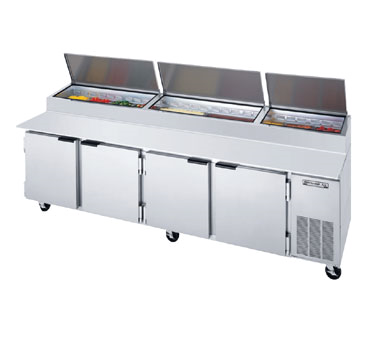 Beverage Air DP119 Pizza Top Refrigerated Counter, Four-section, 119" W, 52.5 Cu. Ft., (4) Doors, (8) Shelves, (5) Full Size Pan Capacity, Stainless Steel Top With Refrigerated Pan Rail, Stainless Steel Exterior, Aluminum Interior, Side-mounted Self-contained Refrigera