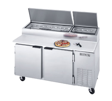 Beverage Air DP67 Pizza Top Refrigerated Counter, Two-section, 67" W, 27.0 Cu. Ft., (2) Doors, (4) Shelves, (3) Full Size Pan Capacity, Stainless Steel Top With Refrigerated Pan Rail, Stainless Steel Exterior, Aluminum Interior, Side-mounted Self-contained Refrigerati