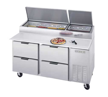 Beverage Air DPD67-4 Pizza Top Refrigerated Counter, Two-section, 67" W, 27.0 Cu. Ft., (4) Drawers, (3) Full Size Pan Capacity, Stainless Steel Top With Refrigerated Pan Rail, Stainless Steel Exterior, Aluminum Interior, Side-mounted Self-contained Refrigeration, 1/4 Hp,