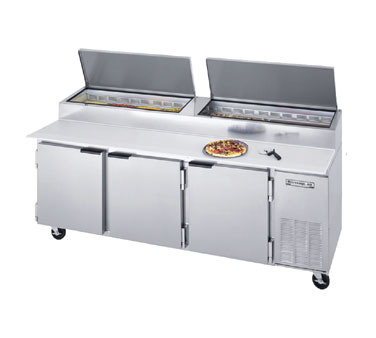 Beverage Air DP93 Pizza Top Refrigerated Counter, Three-section, 93" W, 39.8 Cu. Ft., (3) Doors, (6) Shelves, (4) Full Size Pan Capacity, Stainless Steel Top With Refrigerated Pan Rail, Stainless Steel Exterior, Aluminum Interior, Side-mounted Self-contained Refrigera