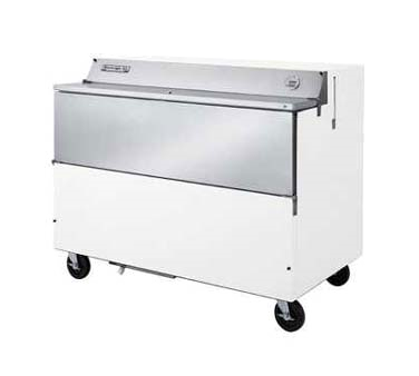 Beverage Air SMF58-W School Milk Cooler, Forced Air, 58" W, 33-1/2" D, 24.8 Cu. Ft., Single Access, Exterior Digital Thermometer, Flat Top Carton Capacities, (16) 13" X 13" X 11" Or (10) 19" X 13" X 11" Case Capacity, White Exterior, Galvanized Interior, 7" Heavy Duty Ca