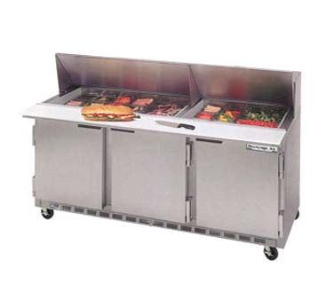 Beverage Air SPE72-30M Sandwich Prep Table, 72" Three-section, (30) 1/6 Size Pans, Stainless Steel Exterior