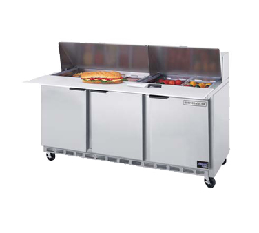 Beverage Air SPE72-18 Sandwich Prep Table, Three-section, 72", 3 Doors, Stainless Steel Top With 18 Pan Openings