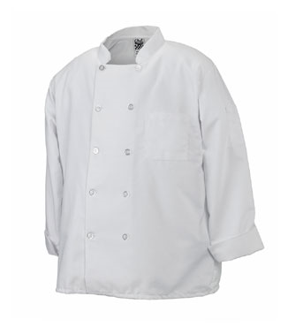 San Jamar J100-2X Chef's Coat, 2x, Double Breasted, 70/30 Deluxe Twill, One Breast Pocket, Heat-resistant, Plastic Buttons, Thermometer Pocket On Left Sleeve, White, Chef 24/7®