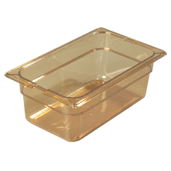 Carlisle 1048113 Topnotch® High Heat Food Pan, 1/4 Size Pan, 2.8 Qt. Capacity, 4" Deep, Easy-lift Notch, Heat-resistant To 375°f, Stackable, Break/stain-resistant, Capacity Indicators, Dishwasher/microwave Safe, High-heat Plastic, Amber, Nsf