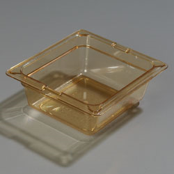 Carlisle 1050013 Topnotch® High Heat Food Pan, 1/6-size Pan, 1.1 Qt. Capacity, 2-1/2" Deep, Easy-lift Notch, Heat-resistant To 375°f, Stackable, Break/stain-resistant, Capacity Indicators, Dishwasher/microwave Safe, High-heat Plastic, Amber, Nsf
