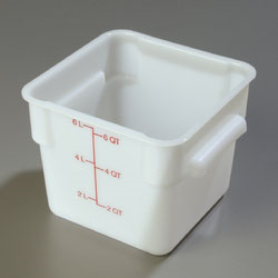 Carlisle 1073202 Storplus™ Food Storage Container, 6 Quart, Square, Reinforced Stacking Lugs, Secure Easy-grip Handles With Drain Holes, Date Indicators, Color-coded Capacity Indicators, Dishwasher Safe, Textured Non-slip Finish, Polyethylene, White, Nsf