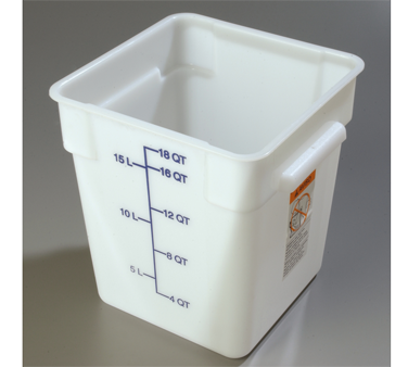 Carlisle 1073502 Storplus™ Food Storage Container, 18 Quart, Square, Reinforced Stacking Lugs, Secure Easy-grip Handles With Drain Holes, Date Indicators, Color-coded Capacity Indicators, Dishwasher Safe, Textured Non-slip Finish, Polyethylene, White, Nsf