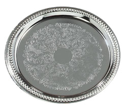 Carlisle 608905 Celebration Tray, 13" Dia., Round, Embossed Pattern, Gadroon Border, Chrome Plated, Carbon Steel, Mirror Finish