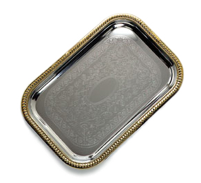 Carlisle 608908 Celebration Tray, 18-1/4"l X 12-3/8"w, Rectangular, Embossed Pattern, Gold Gadroon Border, Chrome Plated, Carbon Steel, Mirror Finish
