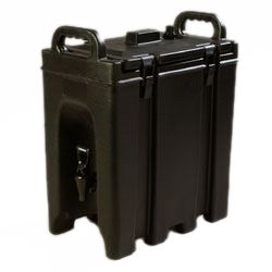 Carlisle LD250N03 Cateraide™ Ld Beverage Server, 2-1/2 Gallon, Insulated, Nylex Ii™ Latches Mounted Into Steel Reinforced Plates, Convex Lid, O-ring Seal, Spring Action Drip-less Faucet, Easy-grip Formed Handles, Stain & Scratch-resistant, Stackable, Polyethylene, Bla