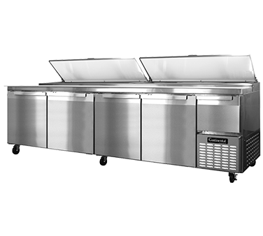 Continental Refrigerator CPA118 Pizza Prep Table, 118" Wide, Four-section, 44.0 Cubic Feet, Forced Air, #300 Stainless Steel Work Top With 19" Poly Cutting Board, (4) Full & (1) Half Height Field Rehingable Doors, Stainless Steel Front & Sides, Aluminum Interior, 5" Swivel Casters,