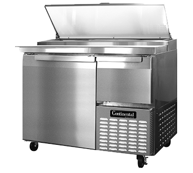 Continental Refrigerator CPA43 Pizza Prep Table, 43" Wide, One-section, 12.0 Cubic Feet, Forced Air, #300 Stainless Steel Work Top With 19" Poly Cutting Board, (1) Full & (1) Half Height Field Rehingable Doors, Stainless Steel Front & Sides, Aluminum Interior, 5" Swivel Casters, S