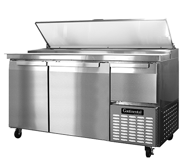 Continental Refrigerator CPA60 Pizza Prep Table, 60" Wide, Two-section, 19.0 Cubic Feet, Forced Air, #300 Stainless Steel Work Top With 19" Poly Cutting Board, (2) Full & (1) Half-height Field Rehingable Doors, Stainless Steel Front & Sides, Aluminum Interior, 5" Swivel Casters, S