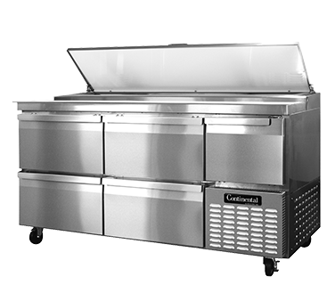 Continental Refrigerator CPA68-D Pizza Prep Table, 68" Wide, Two-section, 22.0 Cubic Feet, Forced Air, #300 Stainless Steel Work Top With 19" Poly Cutting Board, (4) Drawers Hold (2) 12 X 20 X 6 Pans Per Drawer (supplied By Others), Stainless Steel Front & Sides, Aluminum Interior,