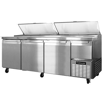 Continental Refrigerator CPA93 Pizza Prep Table, 93" Wide, Three-section, 32.0 Cubic Feet, Forced Air, #300 Stainless Steel Work Top With 19" Poly Cutting Board, (3) Full & (1) Half Height Field Rehingable Doors, Stainless Steel Front & Sides, Aluminum Interior, 5" Swivel Casters,