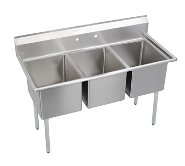 Elkay Foodservice Products E3C16X20-0X E-series Sink, 3-compartment, No Drainboard, 16" Wide X 20" Front-to-back X 12" Deep Bowls, 9" Backsplash, 18/300 Stainless Steel Top & Bowl, Galvanized Legs With Adjustable Plastic Feet, Raised 1-1/2" Rolled Edge, Includes (3) 3-1/2" Basket Strainer