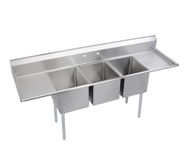 Elkay Foodservice Products E3C16X20-2-18X E-series Sink, 3-compartment, 18" Left & Right Drainboards, 16" Wide X 20" Front-to-back X 12" Deep Bowls, 9" Backsplash, 18/300 Stainless Steel Top & Bowl, Galvanized Legs With Adjustable Plastic Feet, Raised 1-1/2" Rolled Edge, Includes (3) 3-1/2"