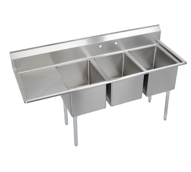 Elkay Foodservice Products E3C16X20-L-18X E-series Sink, 3-compartment, 18" Left Drainboard, 16" Wide X 20" Front-to-back X 12" Deep Bowls, 9" Backsplash, 18/300 Stainless Steel Top & Bowl, Galvanized Legs With Adjustable Plastic Feet, Raised 1-1/2" Rolled Edge, Includes (3) 3-1/2" Basket St