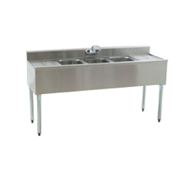 Eagle Group B5C-18 1800 Series Underbar Three Compartment Sink Unit, 60" L X 20" D, (3) 10" X 14" Center X 10" D Sink Bowls Center, 4-1/2" Backsplash, (1) 4" Center Splash Mount Faucet With 10" Spout, 1-1/2" Drain With Removable Standpipe, (2) 13" Drainboards, Type 304
