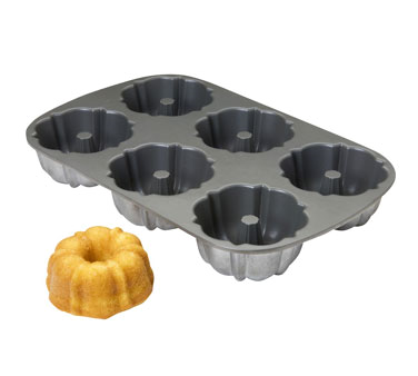 Focus Foodservice 905006 Muffin Pan, (6) Openings, Fluted, 2 Rows Of 3, Top Dia. (inside) 4", Bottom Dia. (outside), 2-3/4" Depth: 1-7/8", Capacity (each Mold): 1 Cup, 9" X 14" Oa, Cast Aluminum With Non-stick Interior