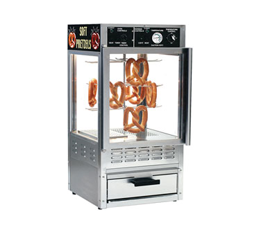 Gold Medal Products 5552PR Combo Pretzel Warmer & Humidified Merchandiser Cabinet, 24" Length, Countertop, (48-50) Jumbo Pretzel Capacity, Adjustable Timer, Capped Tube Thermometer, Reinforced Stringers Across Each Shelf, 1540 Watts, 120v/60/1-ph, 12.83 Amps, Nema 5-15p, Ul, C