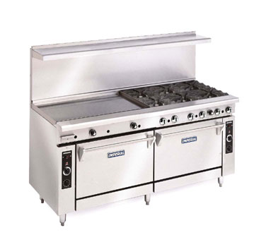 Imperial IR-6-G36 Restaurant Range, 72", Gas, 36" Griddle On Left, (6) 32,000 Btu Open Burners, Two 26-1/2" Standard Ovens, Stainless Front, Landing Ledge, Sides, Backguard, And High Shelf, 322,000 Btu, Nsf, Ce, Csa