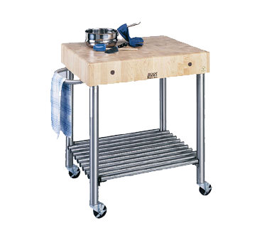 John Boos CUCD15 Cucina D'amico Cart, 24" W X 30" L X 35" H, 5" Thick End Grain Hard Rock Maple Top With Boos Block Cream Finish With Beeswax, With Tubular 18/304 Stainless Steel Undershelf, Stainless Steel Towel Bar Handle & Legs, 3" Locking Casters, Kd