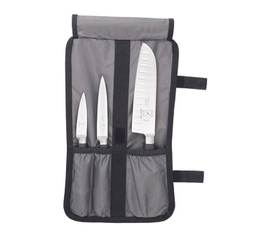Mercer Tool M21910 Genesis® Knife Starter Set, 4-piece, Includes: 7" Santoku Granton Edge, 5" Utility, 3-1/2" Paring, Forged, High Carbon, No-stain, German Steel, Black Non-slip Santoprene® Handles, Packaged In A Heavy-duty Professional Storage Roll, Nsf Certified