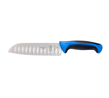 Mercer Tool M22707BL Millennia™ Color Handles Santoku Knife, 7", Stamped, High Carbon, Stain-free Steel, Granton Edge, Blue Non-slip Santoprene® & Polypropylene Handle, With Textured Finger Points And Protective Finger Guard, Nsf Certified