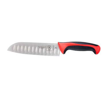 Mercer Tool M22707RD Millennia™ Color Handles Santoku Knife, 7", Stamped, High Carbon, Stain-free Steel, Granton Edge, Red Non-slip Santoprene® & Polypropylene Handle, With Textured Finger Points And Protective Finger Guard, Nsf Certified