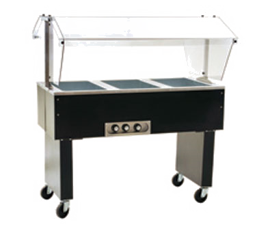 Eagle Group BPDHT3-120 Deluxe Service Mate, Portable Buffet Hot Food Table, Electric, 48" L, (3) 12" X 20" Hot Food Wells, Stainless Steel Top, Steel Wrapper/laminated Black Vinyl Finish, Clear Double Sided Tuffak® Sneeze Guard, Open Base, 4" Casters, 120v/60/1-ph, 1500w,