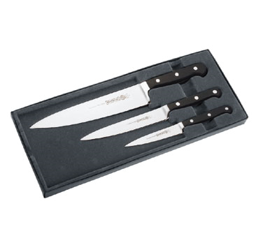 Mundial 5000-3 Knife Set, 3 Piece, Fully Forged, Black Polyacetal Handles, Includes: 5111-4 Paring, 5111-6e Utility-serrated Edge, 5110-8 Chef's (see-thru Gift Box)