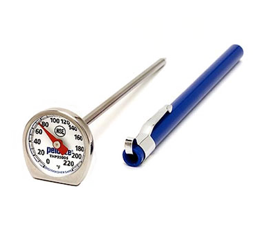 Rubbermaid FGTHP220DS Pelouze® By Rubbermaid Food Preparation Thermometer, Pocket, 1" Dial, 5" Stem, Includes Blue Plastic Sheath With Pocket Clip, Field Calibration, Anti-roll Design, Shatterproof , Temperature Range 0° To 220° F, 304 Stainless Steel, Nsf, S.o.s. (speci