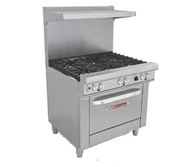 Southbend 4361D Ultimate Restaurant Range, Gas, 36", 6 Non-clog Burners With Standard Grates, Standard Oven Base, Standing Pilot, 22-1/2" Flue Riser With Heavy Duty Shelf, Stainless Steel Front, Sides And Shelf, 6" Adjustable Legs, 243,000 Btu, Csa, Nsf