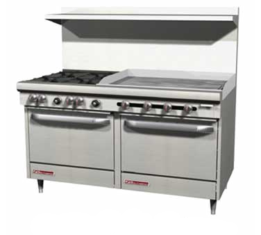 Southbend S60DD-2GR S-series Restaurant Range, Gas, 60" W, (6) 28,000 Btu Open Burners, (1) 48,000 Btu, 24" Manual Griddle Right, (2) 35,000 Btu Standard Ovens With Snap Action Thermostat, (6) Removable One Piece Cast Iron Grate Tops, Stainless Steel Front, Sides And Re