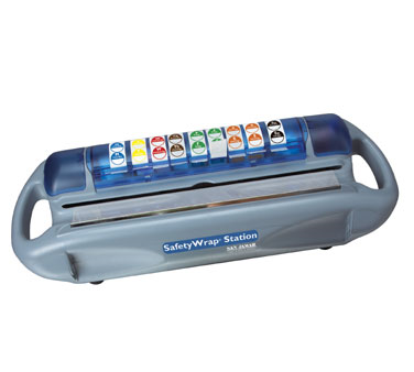 San Jamar SW1218 Safety Wrap® Station Dispenser, 28"l X 10"w X 9"h, Holds Film Or Foil Rolls Between 12" And 18", Intregrated Dating Label Dispenser, Side Caddies, Hooks For Hanging On Wire Shelf Or Wall