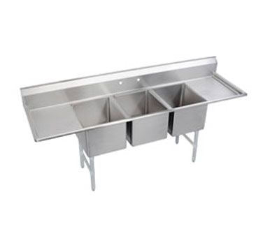 Elkay Foodservice Products 3C12X16-2-16 Standard Deli Sink, 3-compartment, 16" Left & Right Drainboards, 12" Wide X 16" Front-to-back X 10" Deep Bowls, 9-3/4" Backsplash, 16 Gauge Stainless Steel Top, & Bowl, Galvanized Legs & Adjustable Plastic Feet, Raised 1-1/2" Rolled Edge, Includes (3