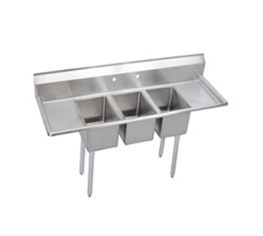 Elkay Foodservice Products 3C12X16-2-12X Standard Deli Sink, 3-compartment, 12" Left & Right Drainboards, 12" Wide X 16" Front-to-back X 10" Deep Bowls, 9-3/4" Backsplash, 16 Gauge Stainless Steel Top, & Bowl, Galvanized Legs & Adjustable Plastic Feet, Raised 1-1/2" Rolled Edge, Includes (3