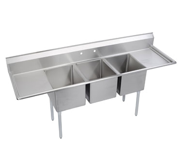 Elkay Foodservice Products 14-3C16X20-2-18 Standard Sink, 3-compartment, 18" Left & Right Drainboards, 16" Wide X 20" Front-to-back X 14" Deep Bowls, 9" Backsplash, 16/300 Stainless Steel Top & Bowl, Galvanized Legs With Adjustable Plastic Feet, Raised 1-1/2" Rolled Edge, Includes 3-1/2" Bask