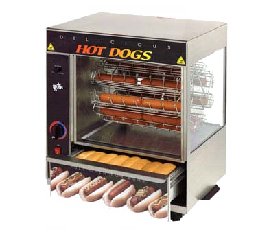 Star Mfg. 8A-175CBA-120V Broil-o-dog Hot Dog Broiler, Cradle Type Rotisserie, Cap. 36 Dogs & 32 Buns, Over-and-under Hot Dog Broiler/bun Warmer, Merchandiser Design, Glass Front, Stainless Steel Exterior Finish